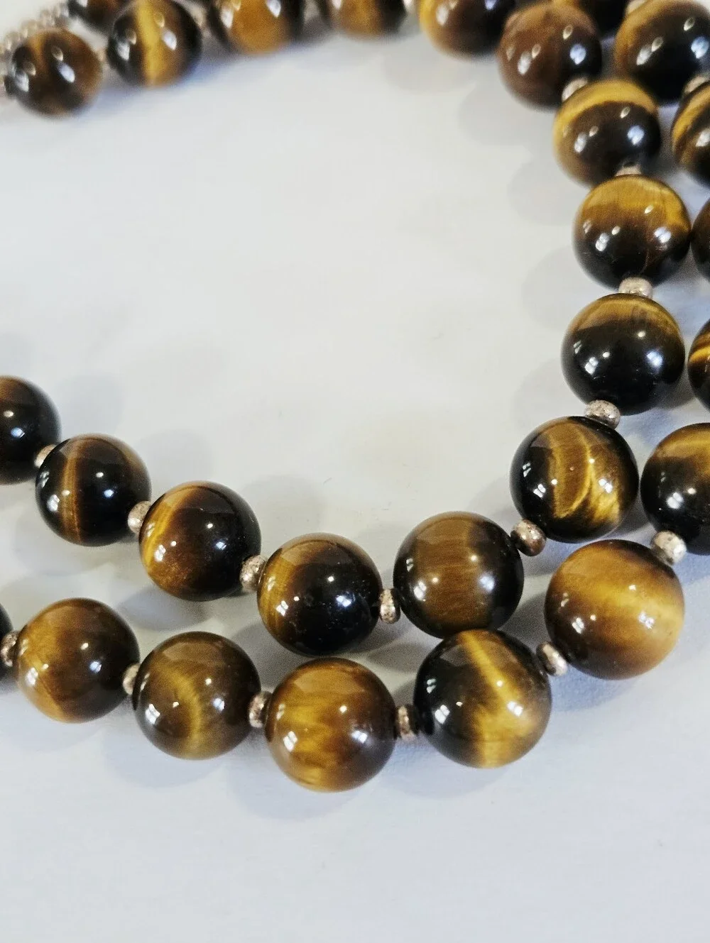 Vintage Tigers Eye Chatoyant Sterling Silver Clasp Long Round Beaded Necklace